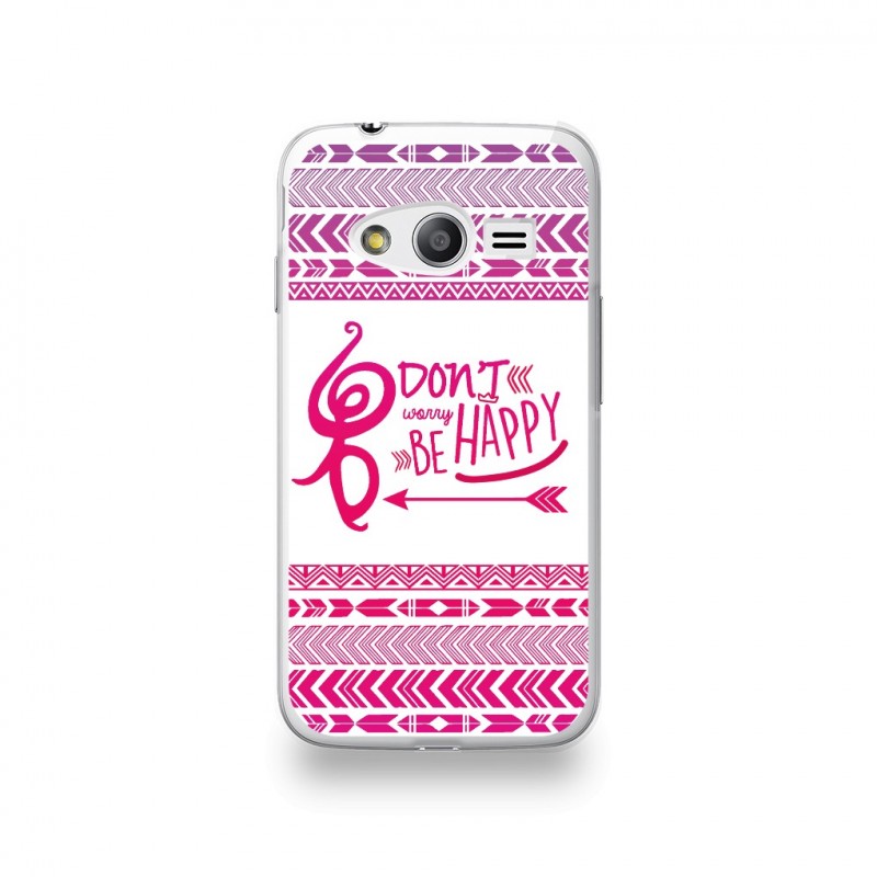 Coque Samsung Trend Lite 2 Silicone motif Don't Worry Be Happy Rose Fond Blanc